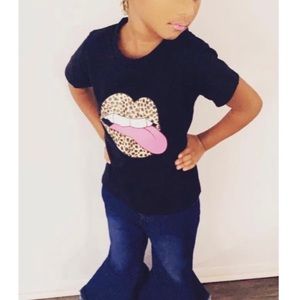 Leopard Print Lips Little Girls Black Tee Shirt
